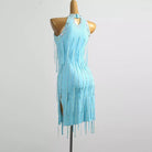 Aqua blue halter tassel dress, back view on mannequin