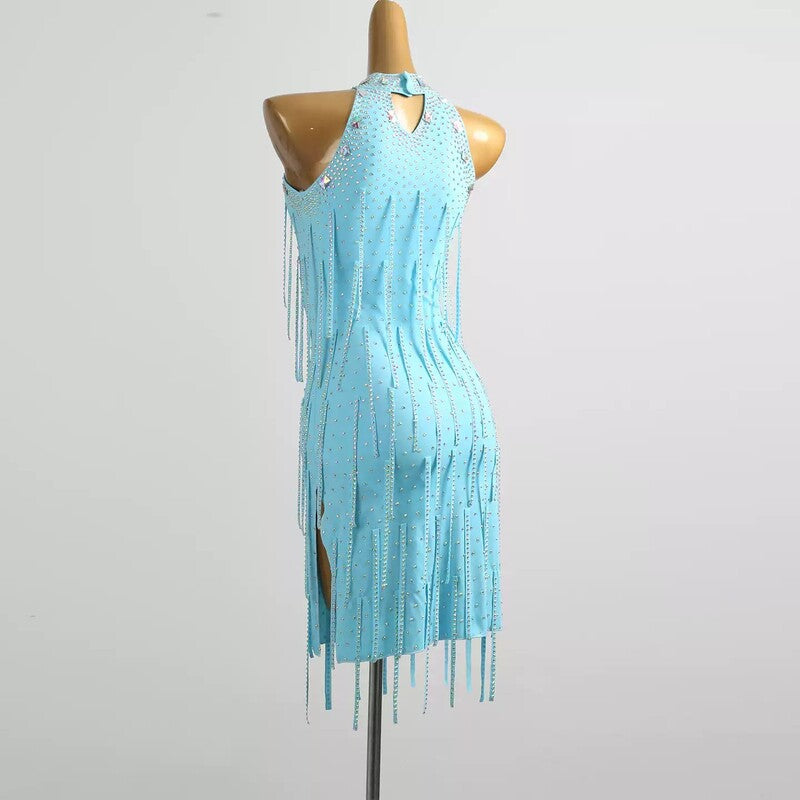 Aqua blue halter tassel dress, back view on mannequin