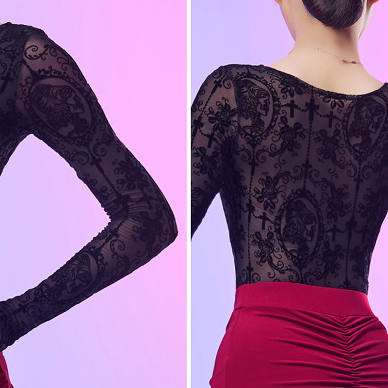 Latin Dance Leotard Flocked Lace Twist Front Long Sleeve Bodysuit, view 4
