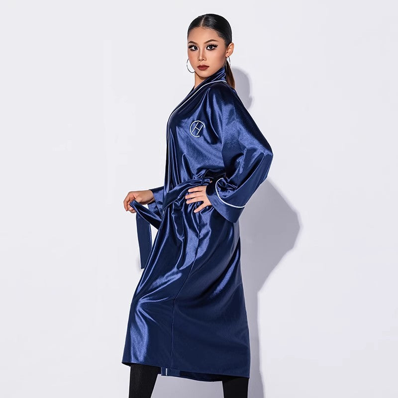 Blue satin dance robe belted, three-quarter view