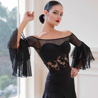 Ballroom Dance Leotard Mesh Yoke Double Flounce Sleeve Bodysuit in Black, on model