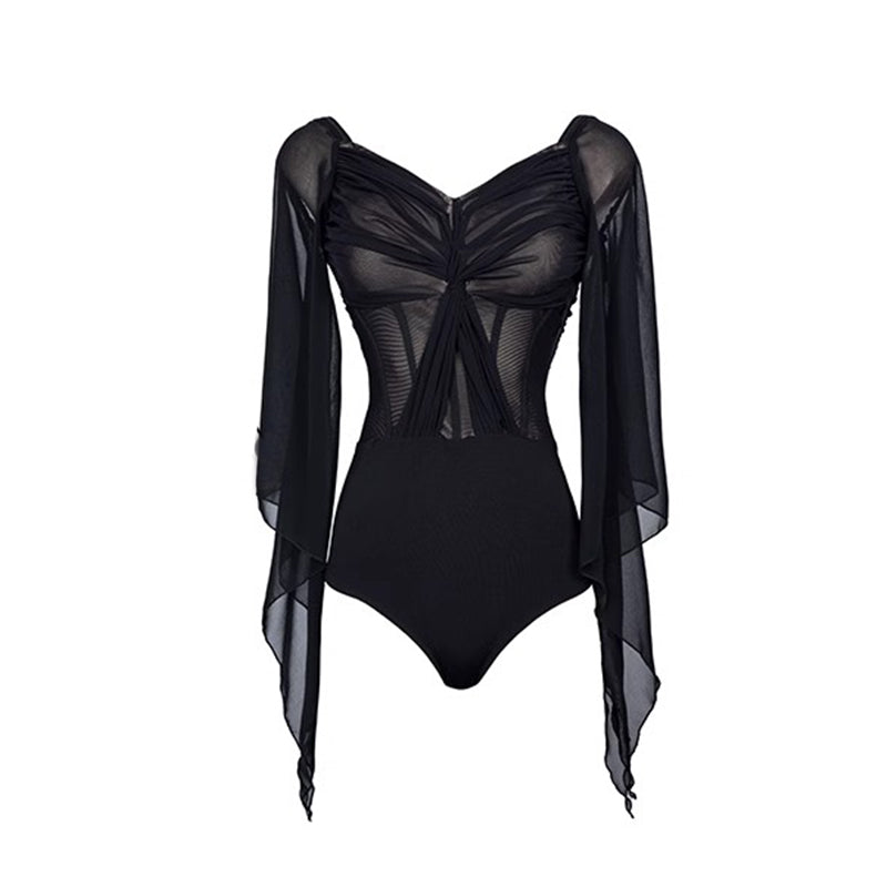 Ballroom Dance Leotard Chiffon Angel Sleeve Sweetheart Bodysuit, view 2