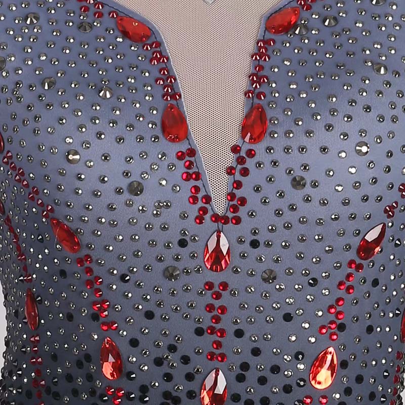 Close-up of the red crystal drops on the bodice