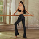 Ruched Latin Dance Pants High Waist Knot Tie Flared Practice Trousers, view 3