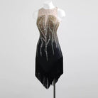 Black illusion yoke crystal drip dress, front view from the other side