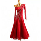 Red ballroom dance dress with one long sleeve, crystal swirl bodice and float skirt, front view