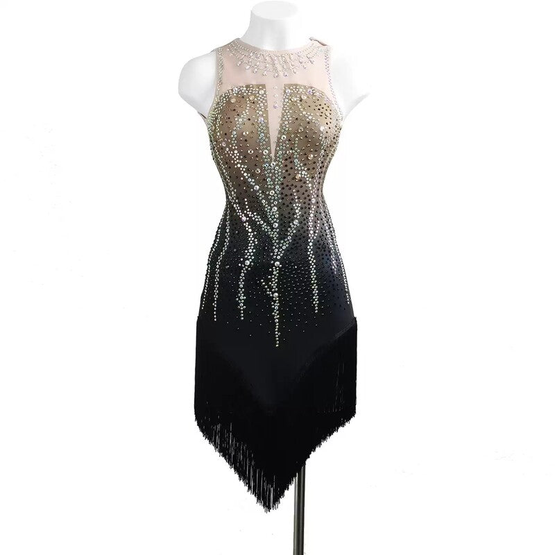 Black illusion yoke crystal drip dress, angled front view on mannequin