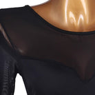 Close-up of the sheer mesh yoke and sweetheart seam on the black dance bodysuit