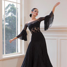 Ballroom Dance Leotard Mesh Yoke Double Flounce Sleeve Bodysuit, view 5