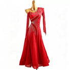 Red one sleeve ballroom dance dress, front view on mannequin