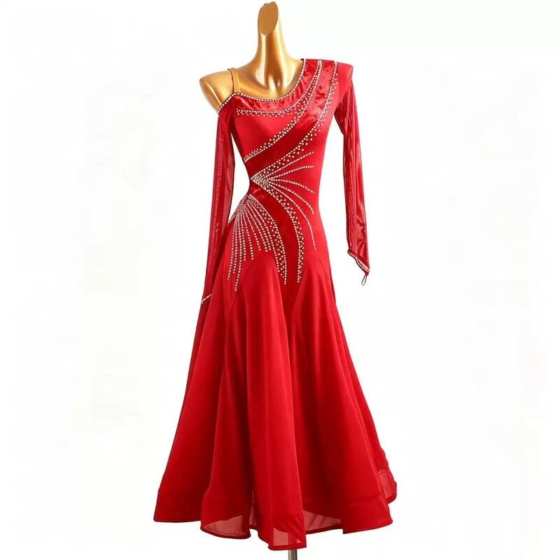 Red one sleeve ballroom dance dress, front view on mannequin