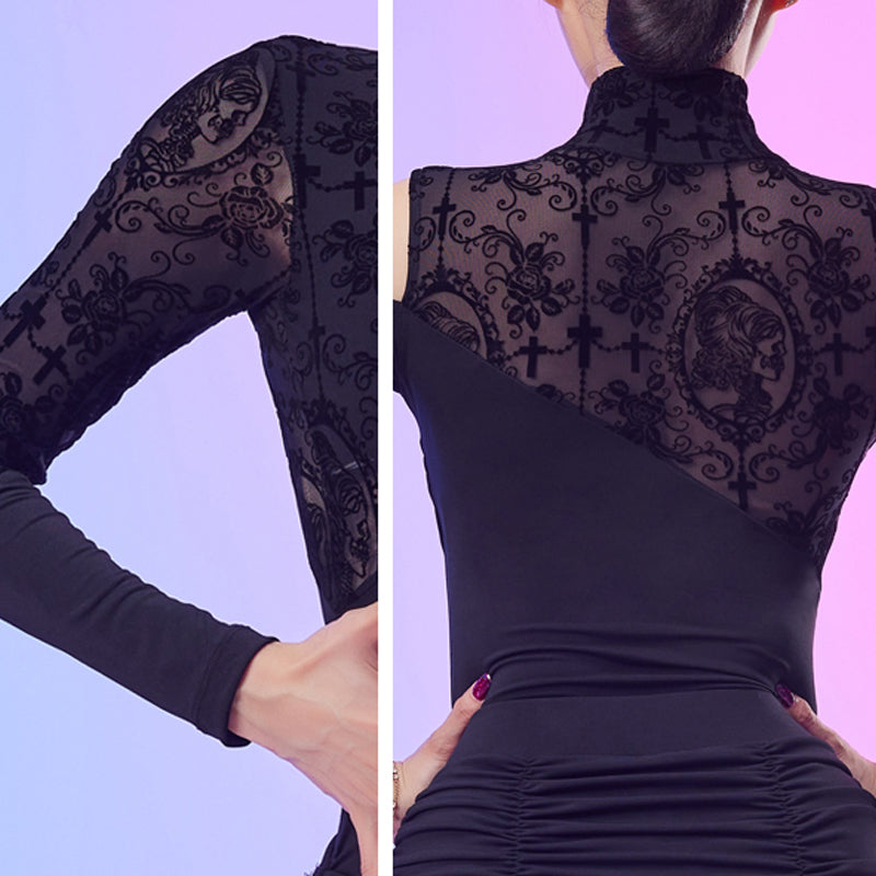 Latin Dance Leotard Flocked Lace Cold Shoulder Mock Neck Bodysuit, view 5