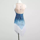 Light blue illusion bodice tassel dress, back view on mannequin