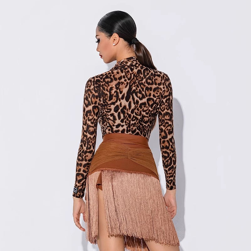 Latin Dance Leotard Leopard Print Collared V Neck Bodysuit, view 3