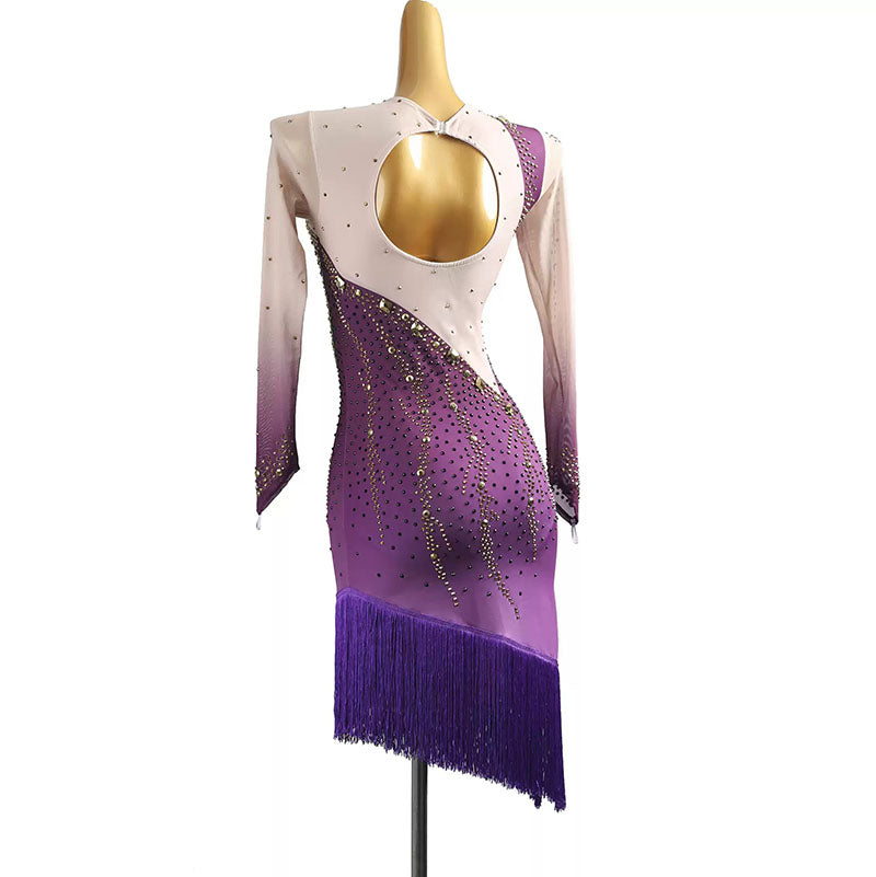 Purple illusion sleeve gradient dress, angled back view on mannequin