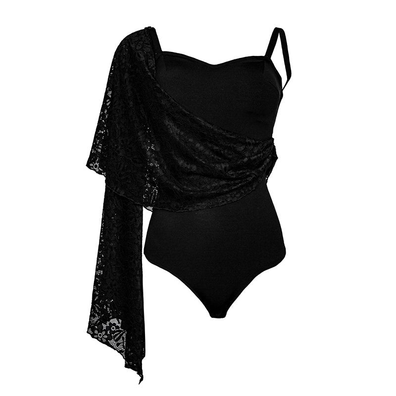 Ballroom Dance Leotard One Shoulder Lace Bell Sleeve Bodysuit, view 4