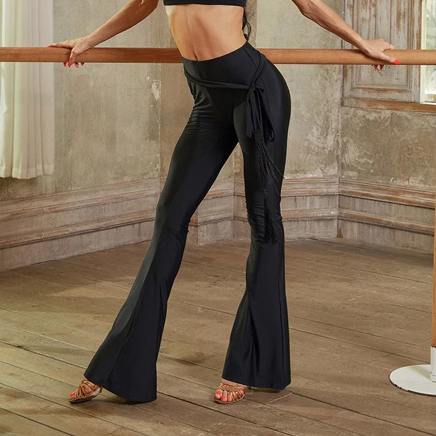 Ruched Latin Dance Pants High Waist Knot Tie Flared Practice Trousers in Black, on model