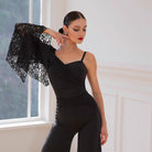 Ballroom Dance Leotard One Shoulder Lace Bell Sleeve Bodysuit in Black, on model