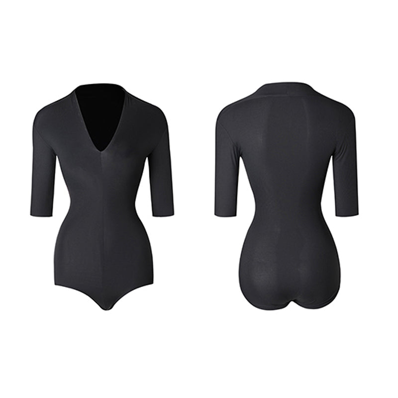 Latin Dance Leotard Half Sleeve Deep V Mock Neck Bodysuit, view 7