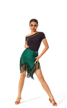 Green asymmetric fringe Latin salsa dance skirt, front view