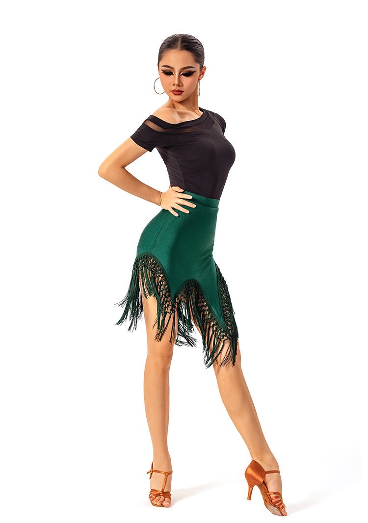 Green fringe Latin dance skirt, back side view