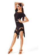 Black fringe Latin dance skirt, side view