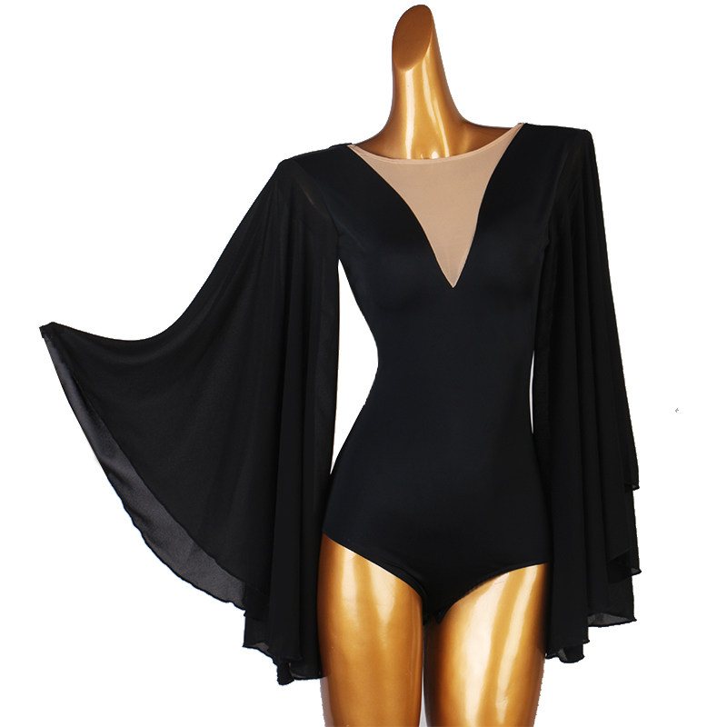 Ballroom Dance Leotard Flowing Float Sleeve Deep V Back Bodysuit in Black, front view