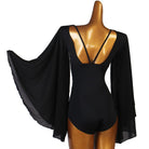 Ballroom Dance Leotard Flowing Float Sleeve Deep V Back Bodysuit in Black, back view