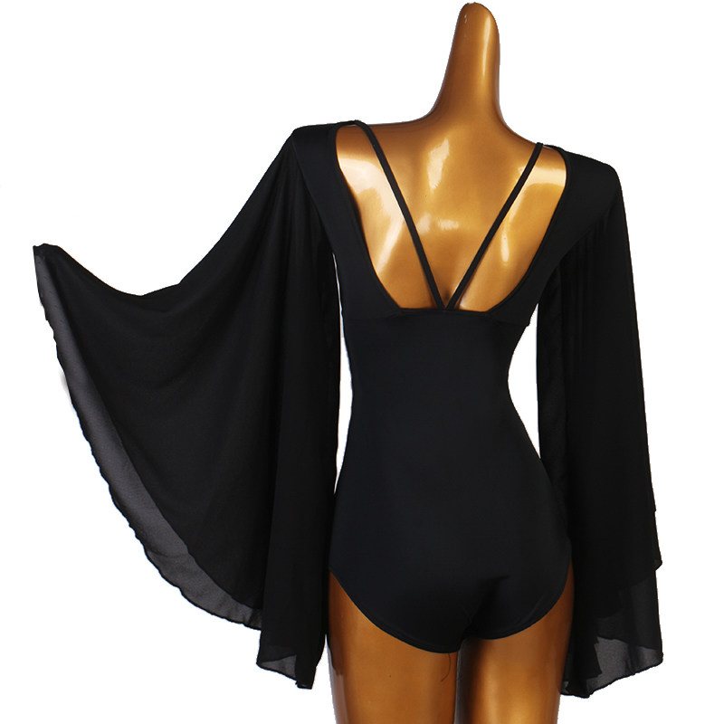 Ballroom Dance Leotard Flowing Float Sleeve Deep V Back Bodysuit in Black, back view
