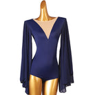 Ballroom Dance Leotard Flowing Float Sleeve Deep V Back Bodysuit in Navy, front view