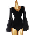 Ballroom Dance Leotard Velvet V-Neck Tulle Bell Sleeve Bodysuit in Black, front view