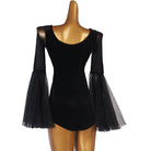 Ballroom Dance Leotard Velvet V-Neck Tulle Bell Sleeve Bodysuit in Black, back view