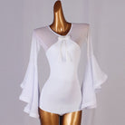 Ballroom Dance Leotard White Mesh Yoke Ruffle Bell Sleeve Bodysuit in White, front view