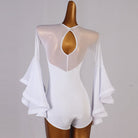 Ballroom Dance Leotard White Mesh Yoke Ruffle Bell Sleeve Bodysuit in White, back view