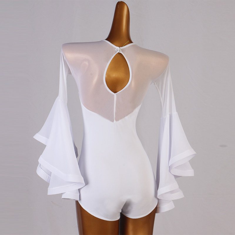 Ballroom Dance Leotard White Mesh Yoke Ruffle Bell Sleeve Bodysuit in White, back view