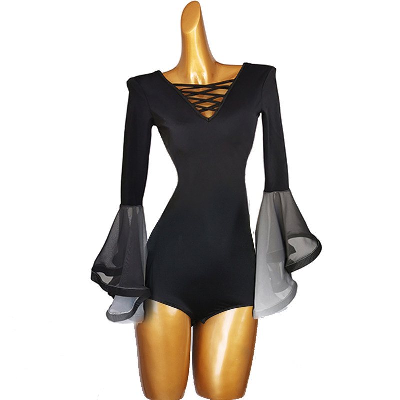 Ballroom Dance Leotard Lace-Up V-Neck Ruffle Bell Sleeve Bodysuit in Black, front view