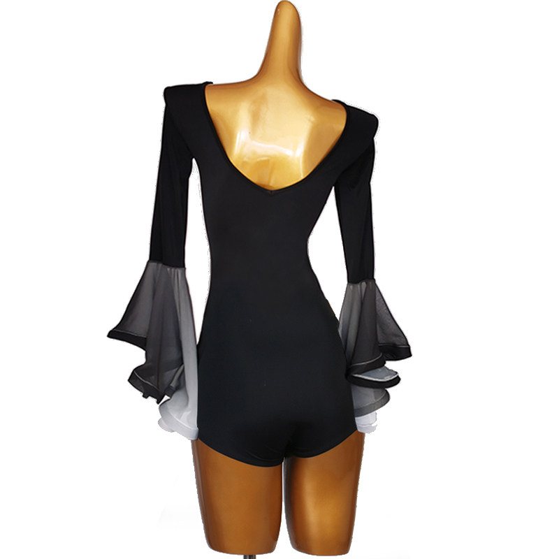 Ballroom Dance Leotard Lace-Up V-Neck Ruffle Bell Sleeve Bodysuit in Black, back view