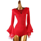 Ballroom Dance Leotard Lace-Up V-Neck Ruffle Bell Sleeve Bodysuit in Red, front view