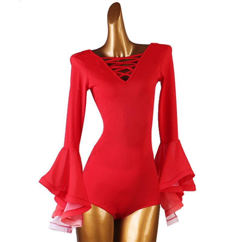 Ballroom Dance Leotard Lace-Up V-Neck Ruffle Bell Sleeve Bodysuit in Red, front view