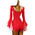 Ballroom Dance Leotard Lace-Up V-Neck Ruffle Bell Sleeve Bodysuit in Red, back view