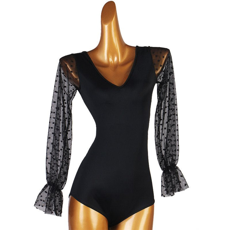 Ballroom Dance Leotard Dot Mesh Bishop Sleeve V-Neck Bodysuit in Black, front view