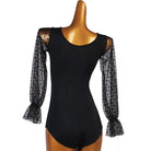 Ballroom Dance Leotard Dot Mesh Bishop Sleeve V-Neck Bodysuit in Black, back view