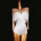 Ballroom Dance Leotard Ruffle Bardot Deep V Back Bodysuit in White, front view