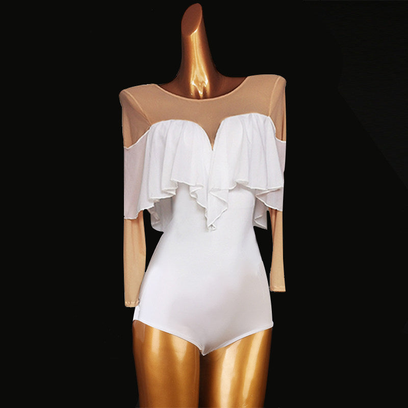 Ballroom Dance Leotard Ruffle Bardot Deep V Back Bodysuit in White, front view