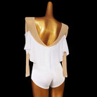 Ballroom Dance Leotard Ruffle Bardot Deep V Back Bodysuit in White, back view
