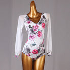 Ballroom Dance Leotard Floral Print V Neck Chiffon Sleeve Bodysuit in White Floral, front view