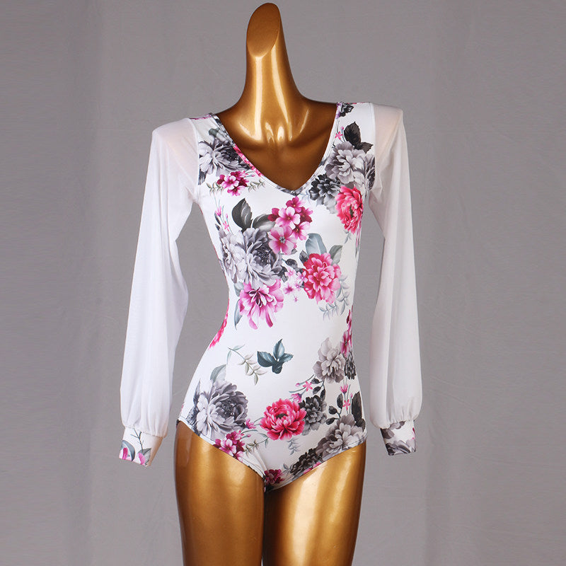 Ballroom Dance Leotard Floral Print V Neck Chiffon Sleeve Bodysuit in White Floral, front view