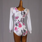Ballroom Dance Leotard Floral Print V Neck Chiffon Sleeve Bodysuit in White Floral, back view