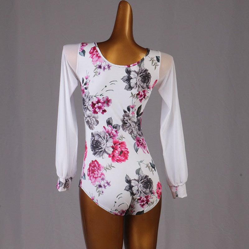Ballroom Dance Leotard Floral Print V Neck Chiffon Sleeve Bodysuit in White Floral, back view