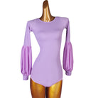 Ballroom Dance Leotard Puff Sleeve Lace Up Open Back Bodysuit in Lavender, front view